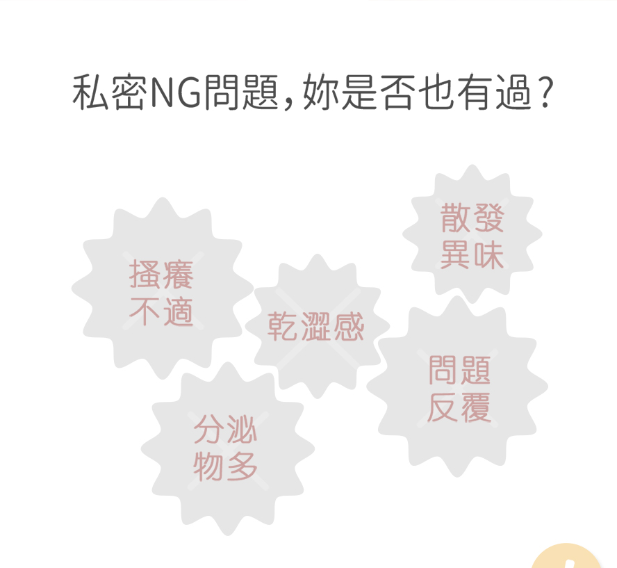 常見的私密處問題:私密肌搔癢、分泌物過多、乾澀感、異味魚腥味、婦科反覆發炎。.