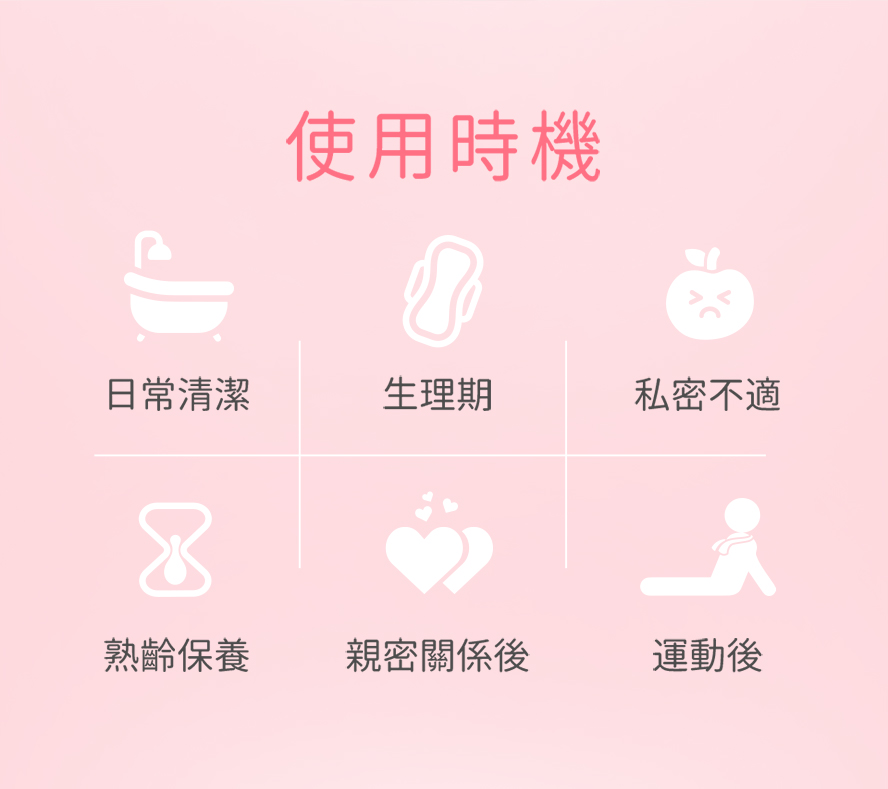 BHK私密慕斯使用時機:生理期、有搔癢異味症狀、親密關係後、更年期、運動後,皆可安心使用。