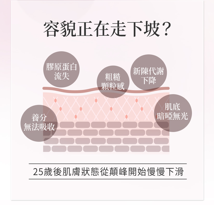 25歲後肌膚角質變厚、新陳代謝下降,開始浮現肌膚問題,如:鬆弛、皮膚觸感不光滑、暗沉。