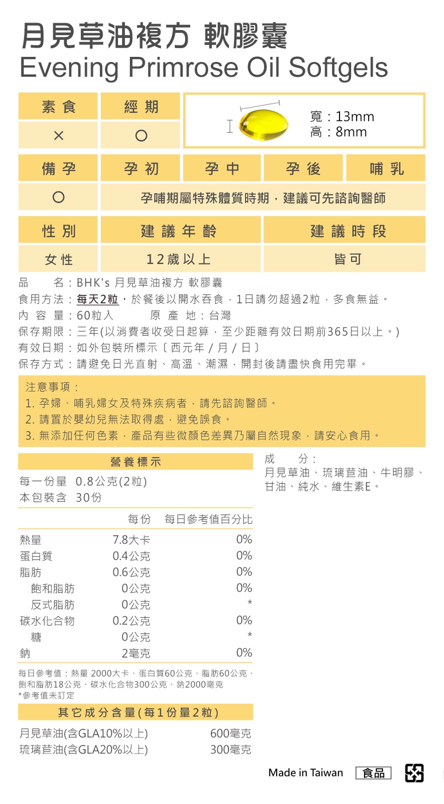 BHK's月見草油通過SGS安全檢驗,屬保健食品適合長期調理,無副作用請安心食用。