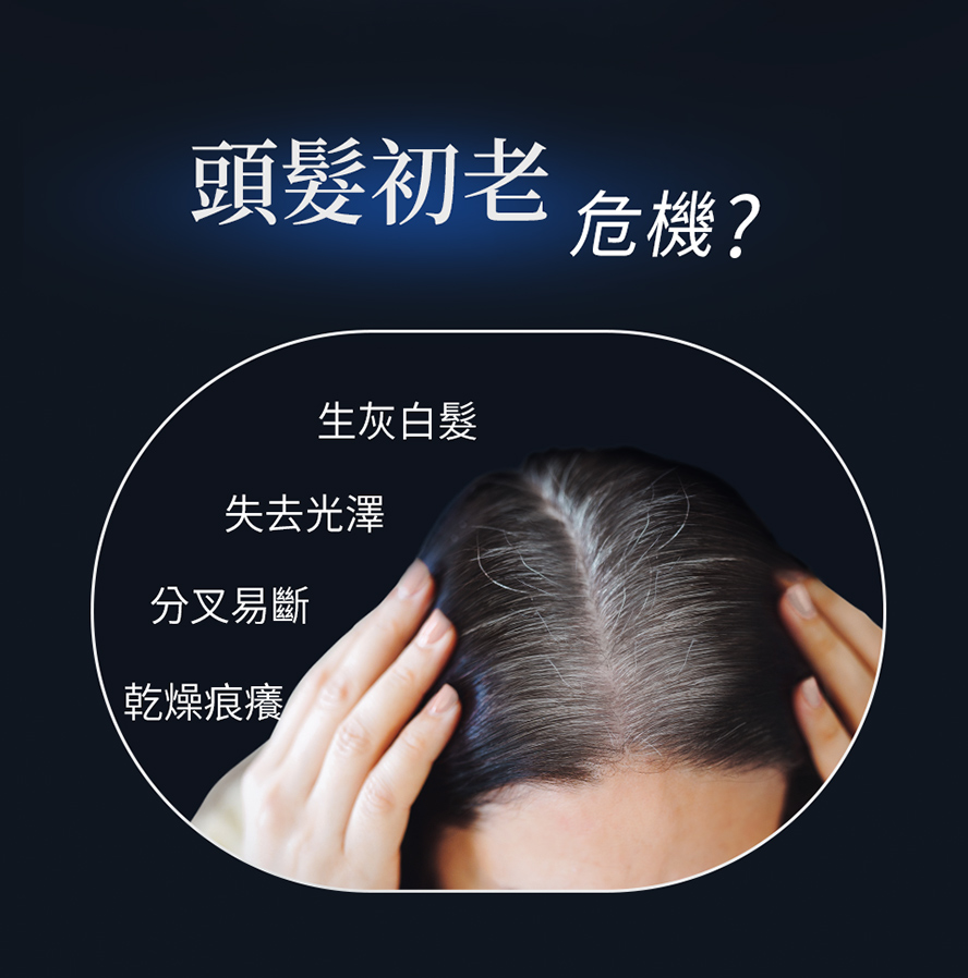頭髮灰白、無光澤原因、分叉易斷、乾燥痕癢、白頭髮變多等，頭髮面臨初老危機。