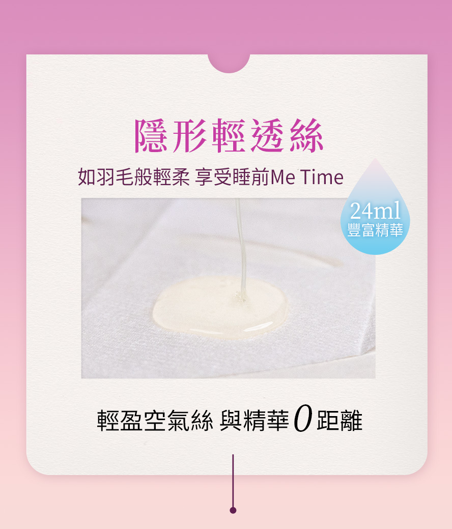 隱形輕透絲材質,注入滿滿24ml精華,雙分子玻尿酸,滲透皮膚鎖住水分。