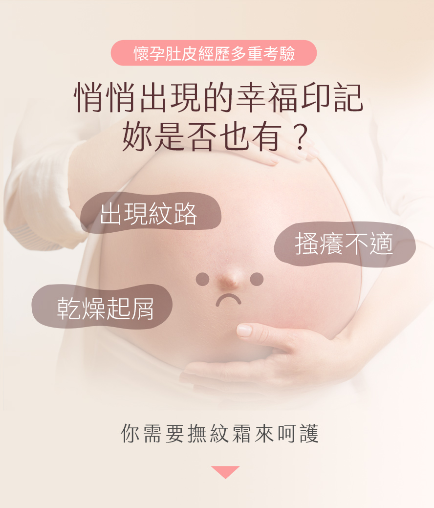 懷孕時因荷爾蒙影響,孕婦肚皮容易出現紅紋、白紋、皮膚癢、乾燥脫屑的問題。