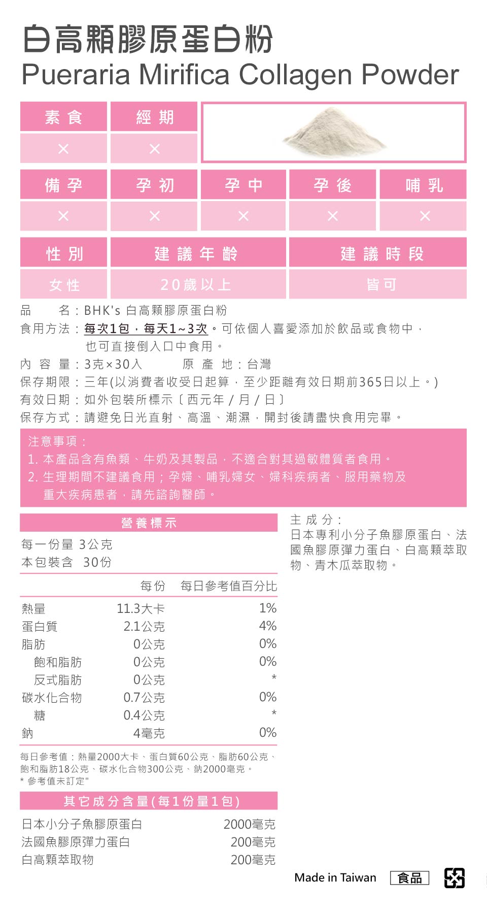 BHK白高顆膠原蛋白粉,專業把關,產品皆經安全檢驗合格,台灣生產製造,最安心放心的美胸食品。